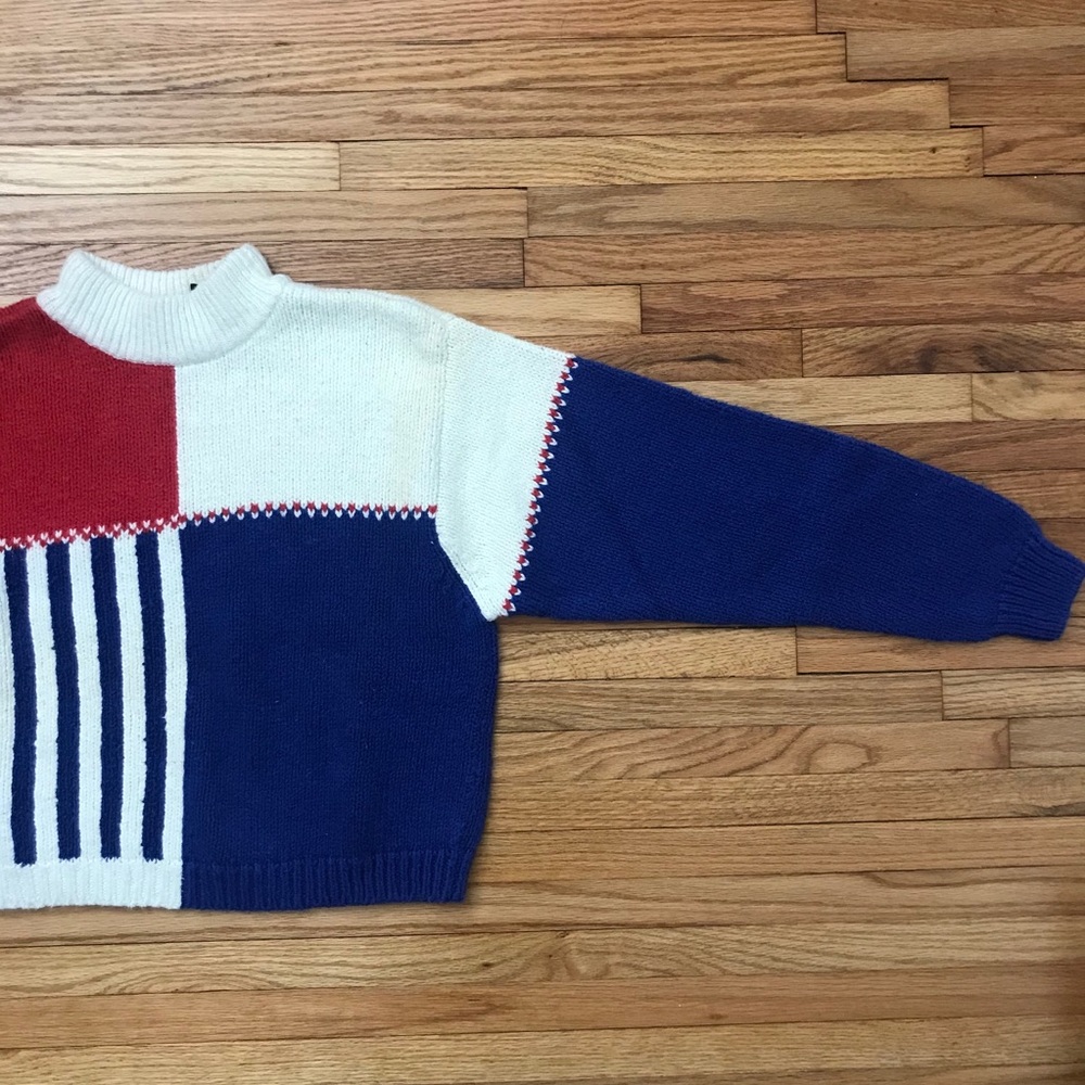 Vintage Crop Red White & Blue Mock-neck Sweater - Picture 3 of 11